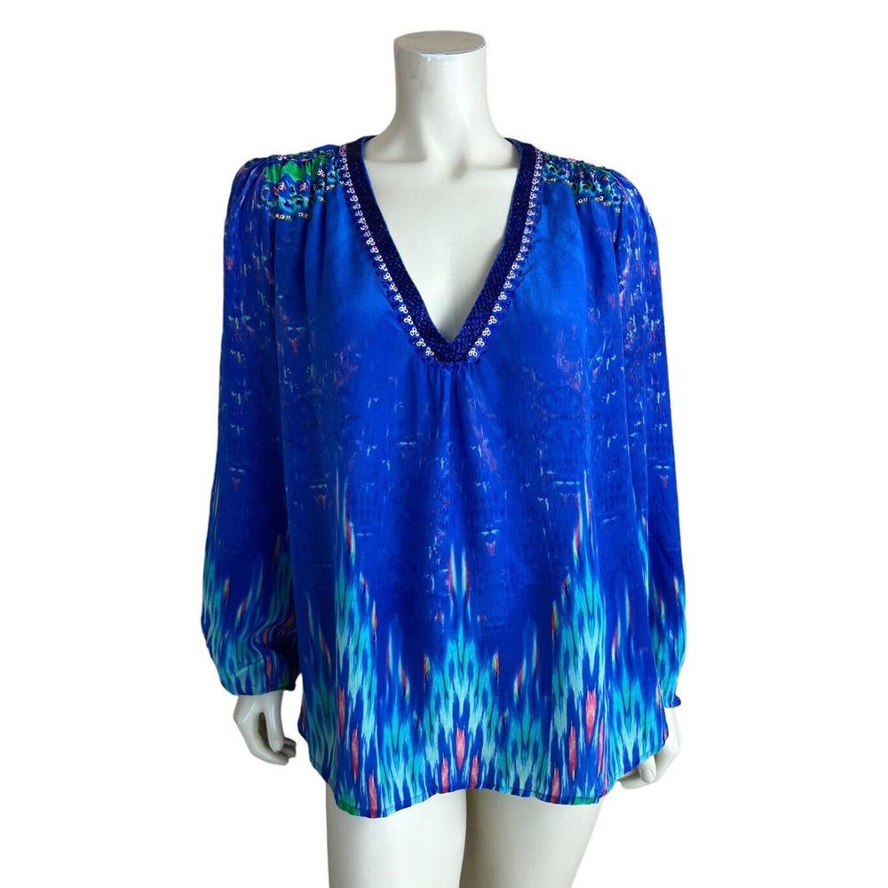 Rococo Sand Blue Embellished Silk Blouse M Long Sleeve Vneck Sequin Beaded Boho